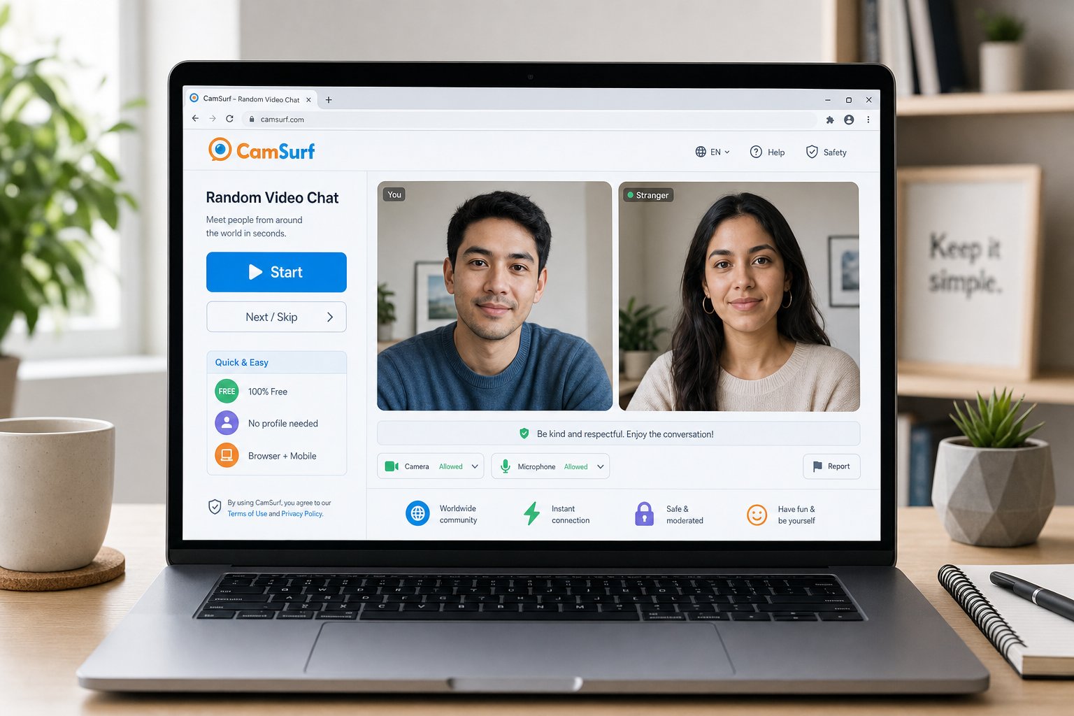 Laptop showing one-to-one random video chat interface with Start and Skip buttons.