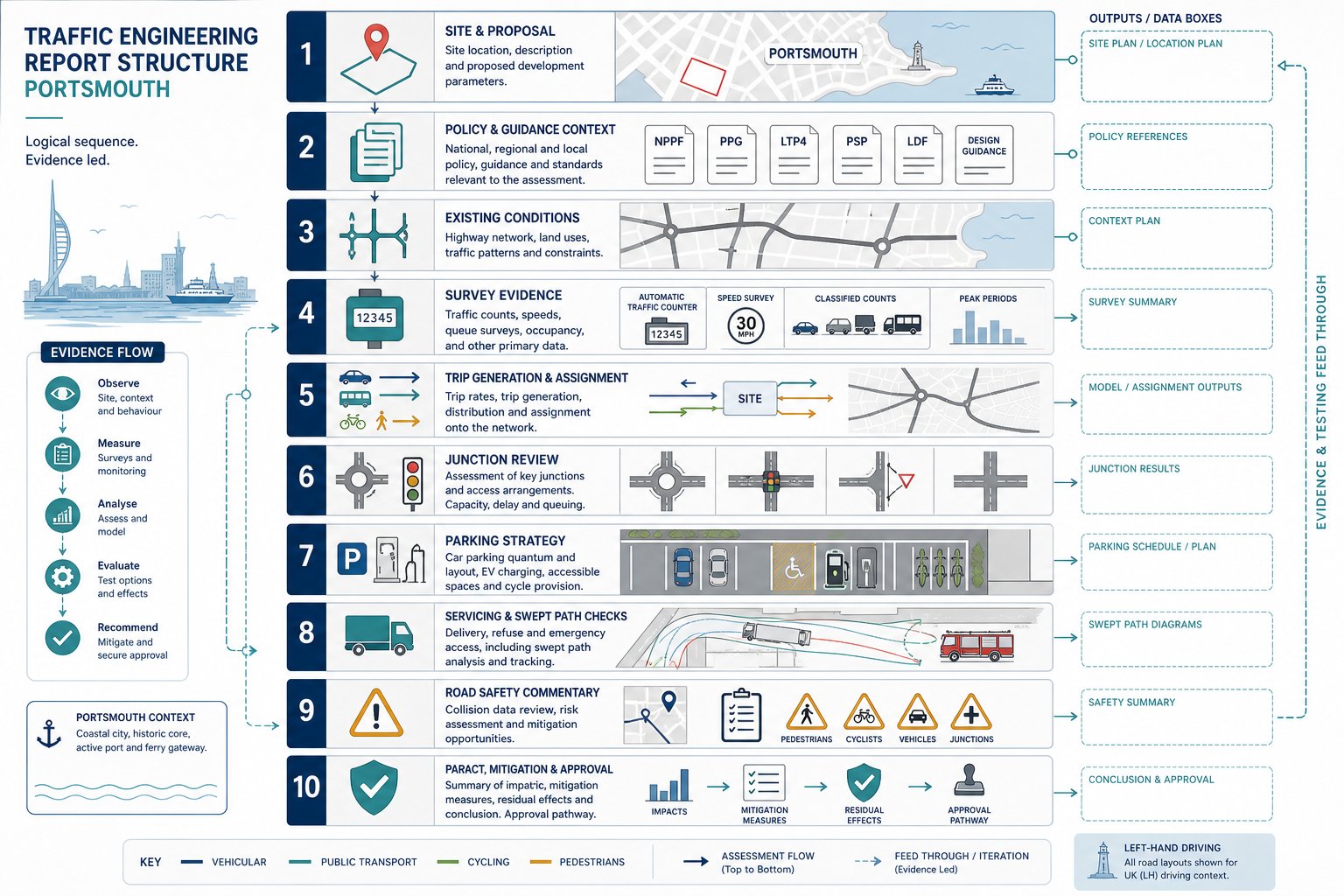 Infographic showing the main parts of a traffic engineering report in Portsmouth.