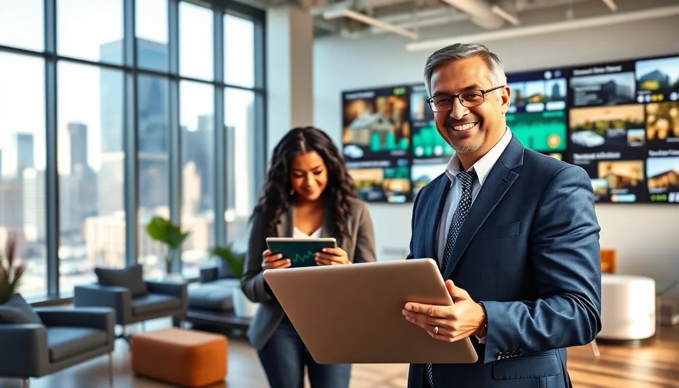 A real estate agent meeting with clients in a modern office space.