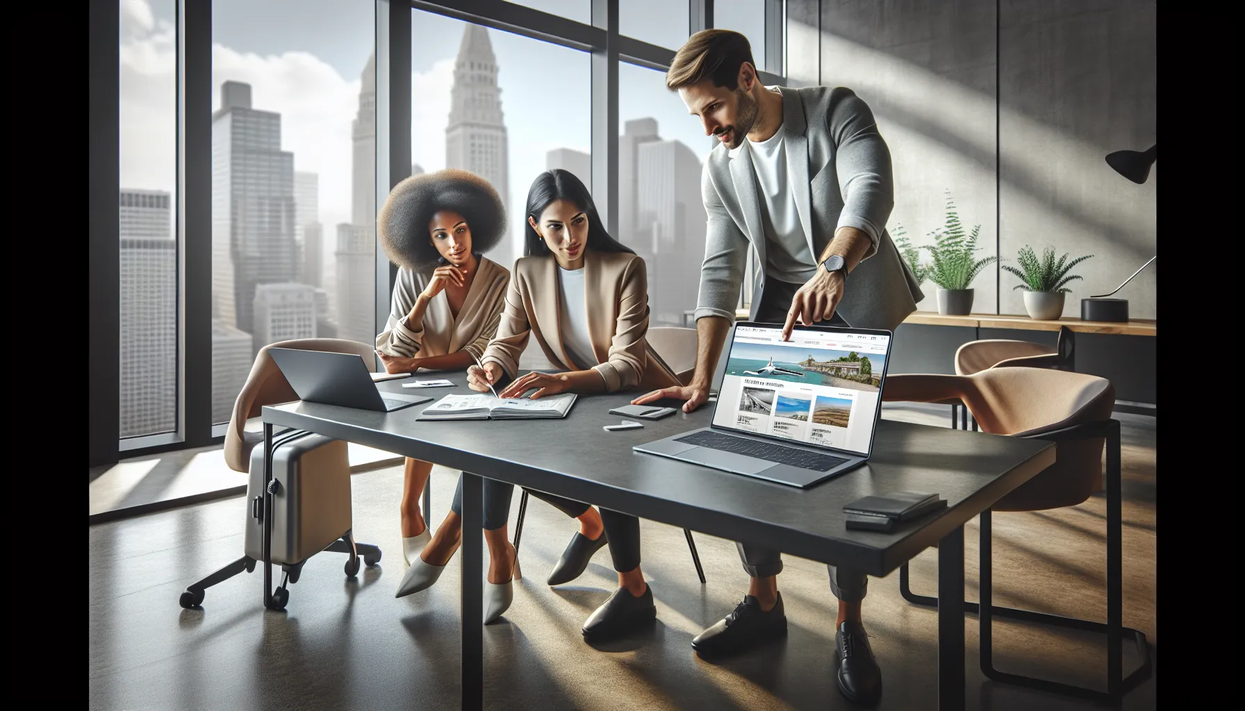 professionals discussing travel discount codes in a modern office.