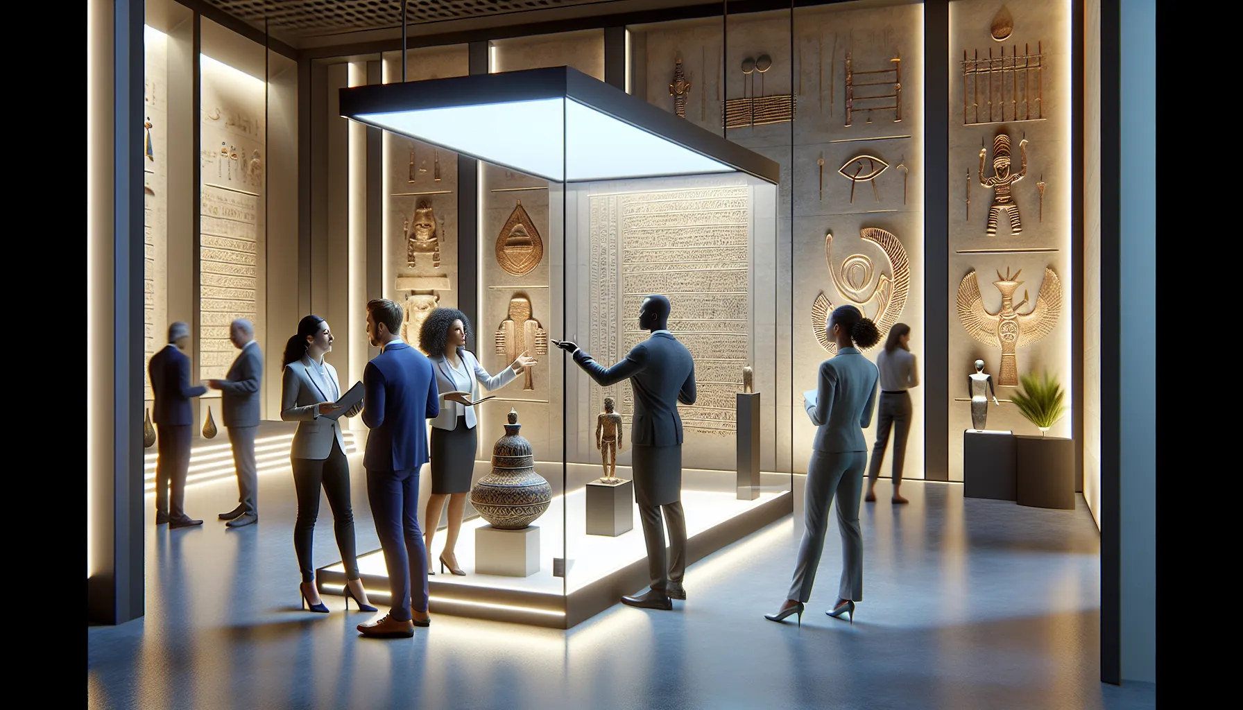 diverse professionals examining Aşmuk artifacts in a modern museum.