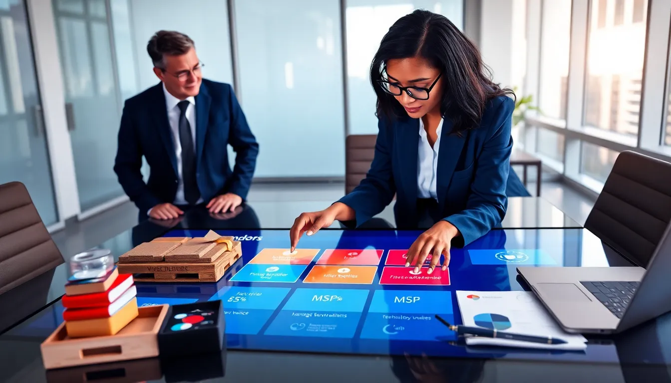 Procurement manager reviewing a vendors dashboard with representative props.
