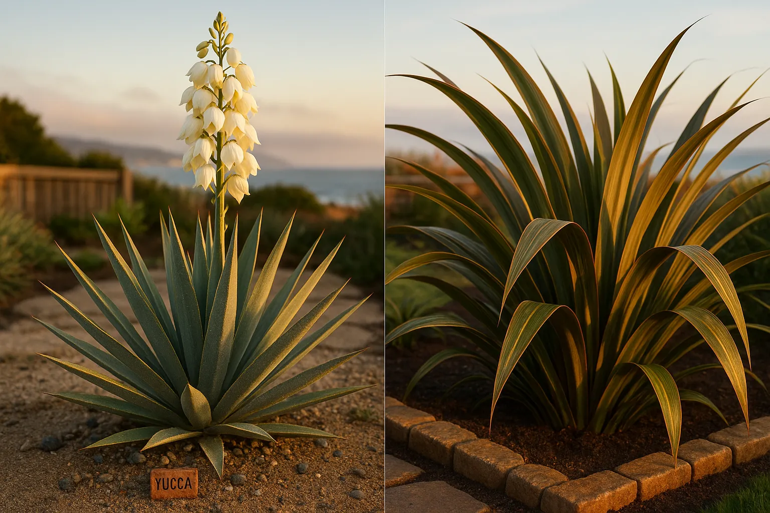 A yucca with white flower spike beside a bronze-chartreuse phormium in a garden.