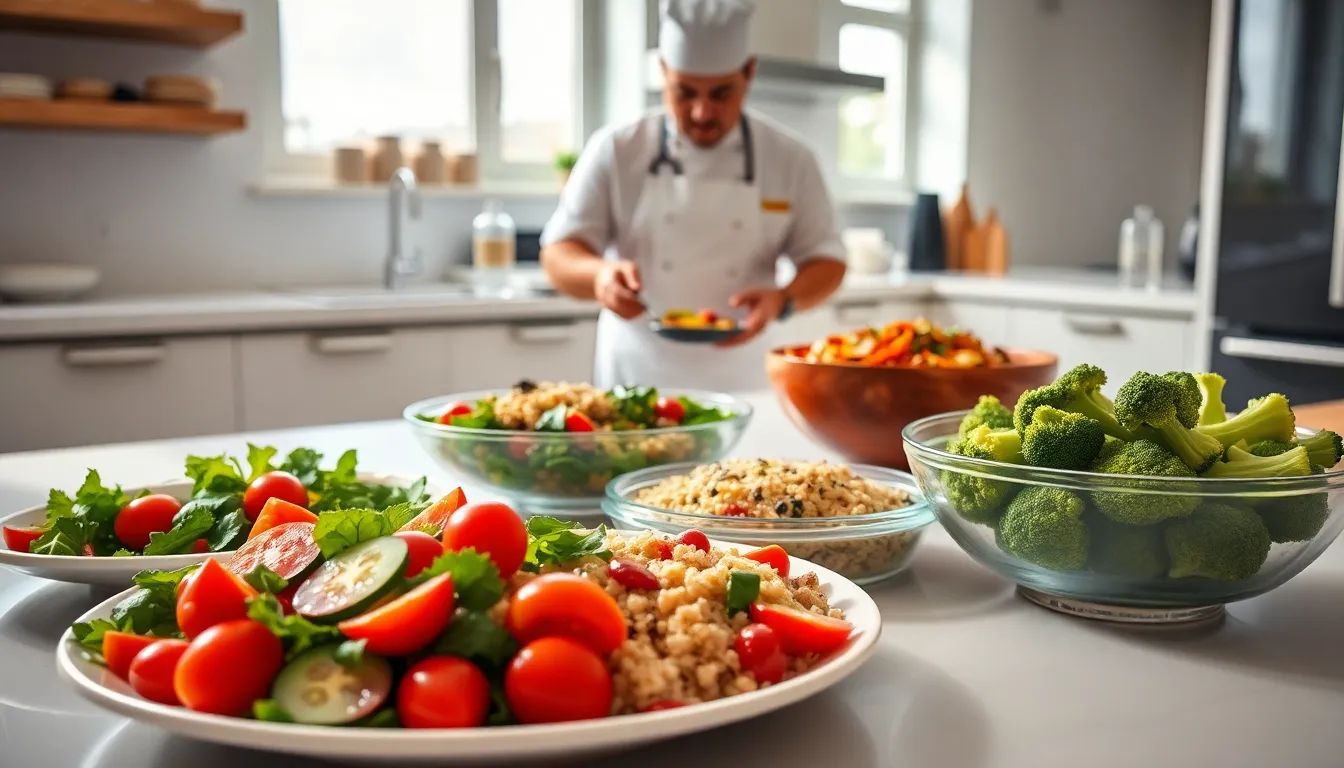 a variety of colorful healthy side dishes in a modern kitchen.