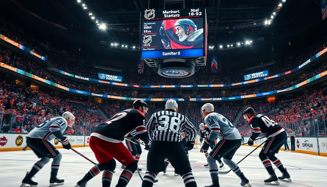 NHL game action with players on ice and cheering crowd.