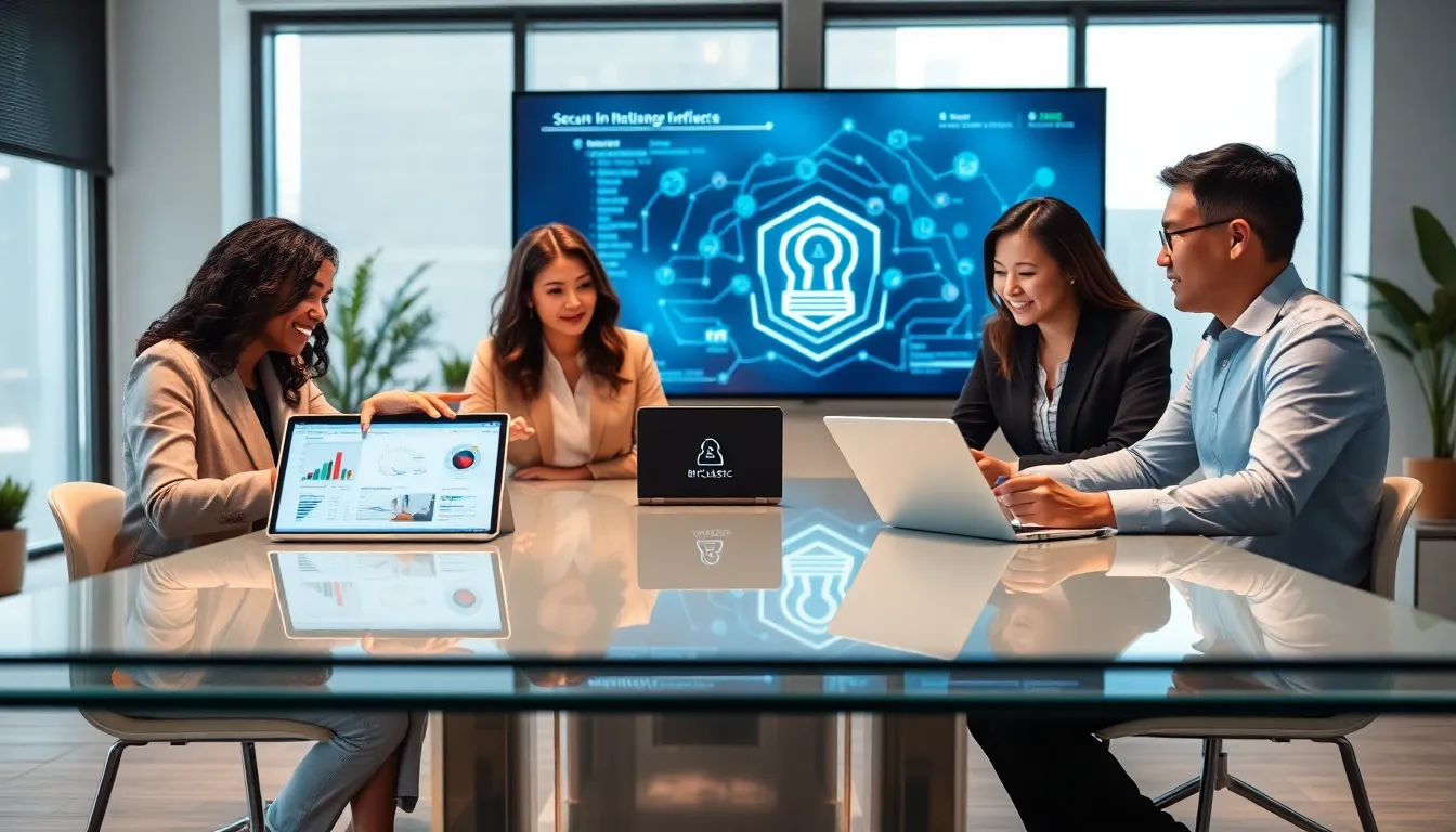 diverse team collaborating in a modern digital workspace.