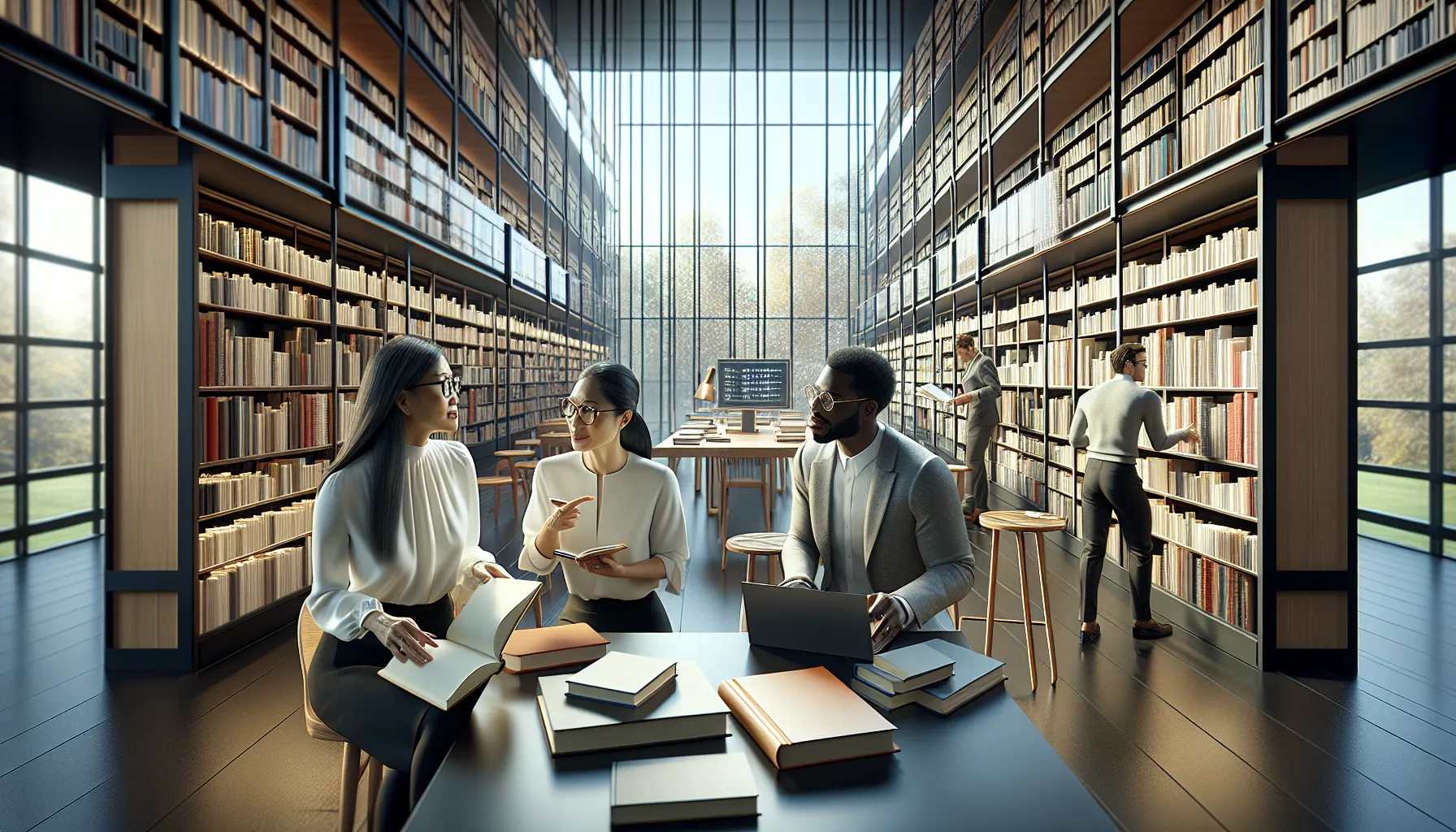diverse professionals discussing books in a modern library setting.