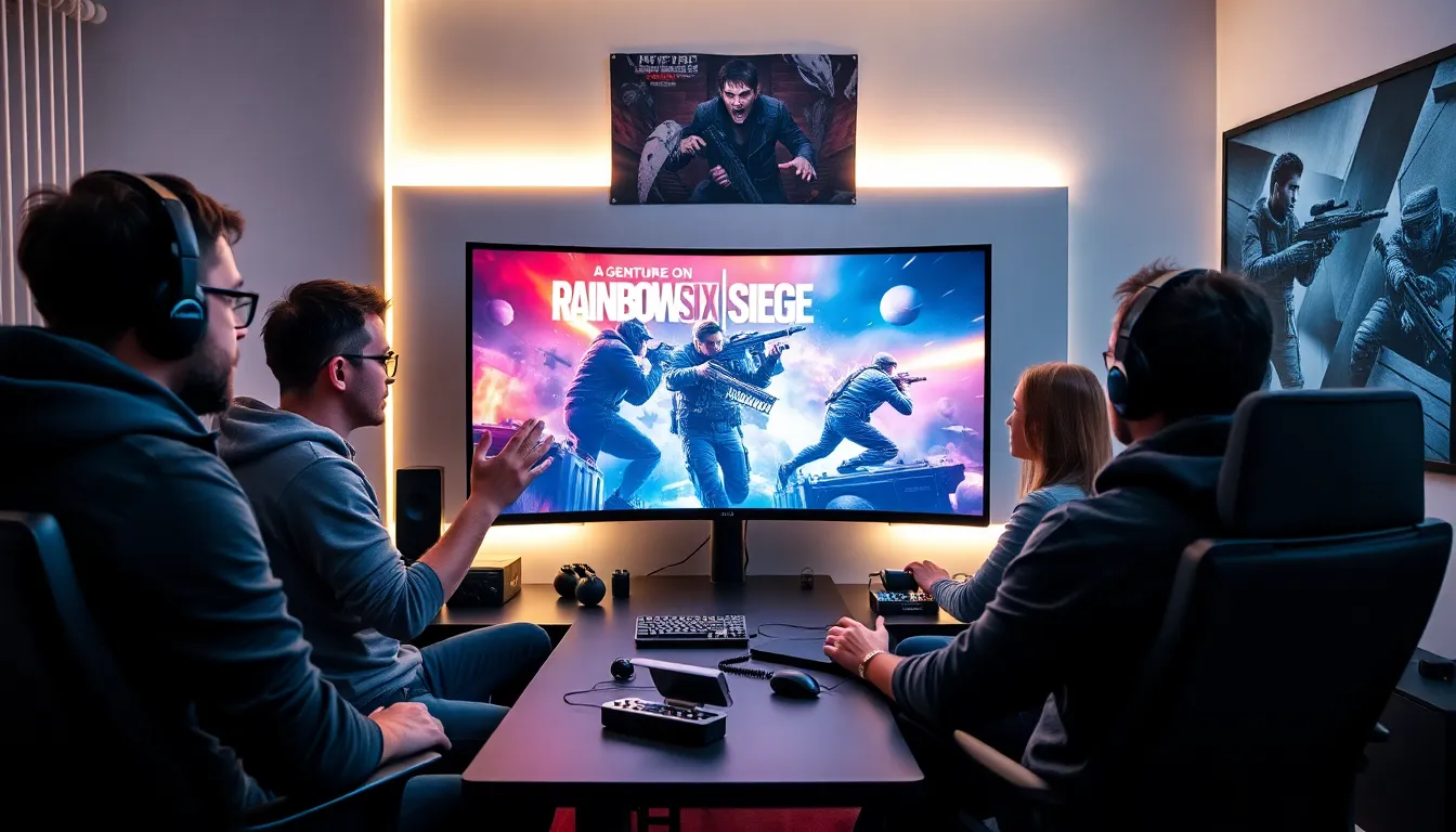 gamers in a modern gaming room playing Rainbow Six Siege.