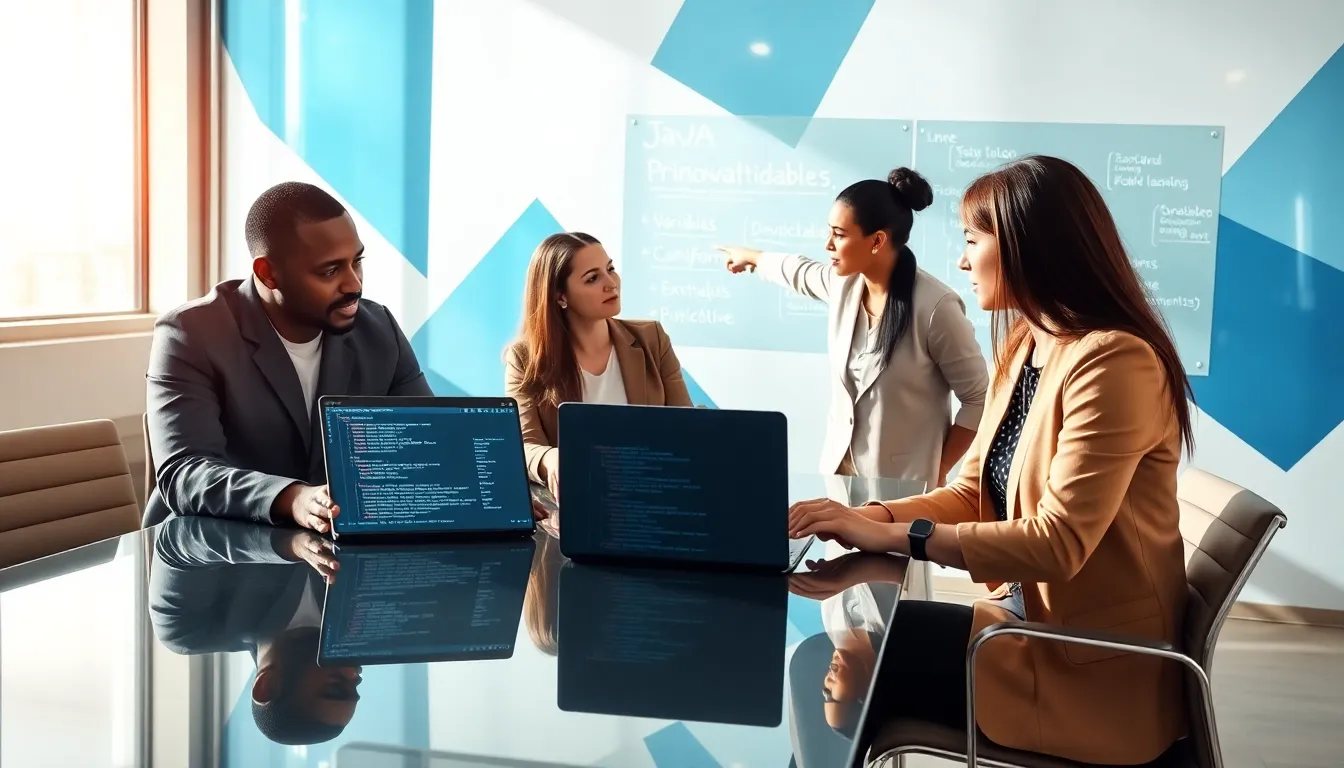 diverse team collaborating on Java programming in a modern office.