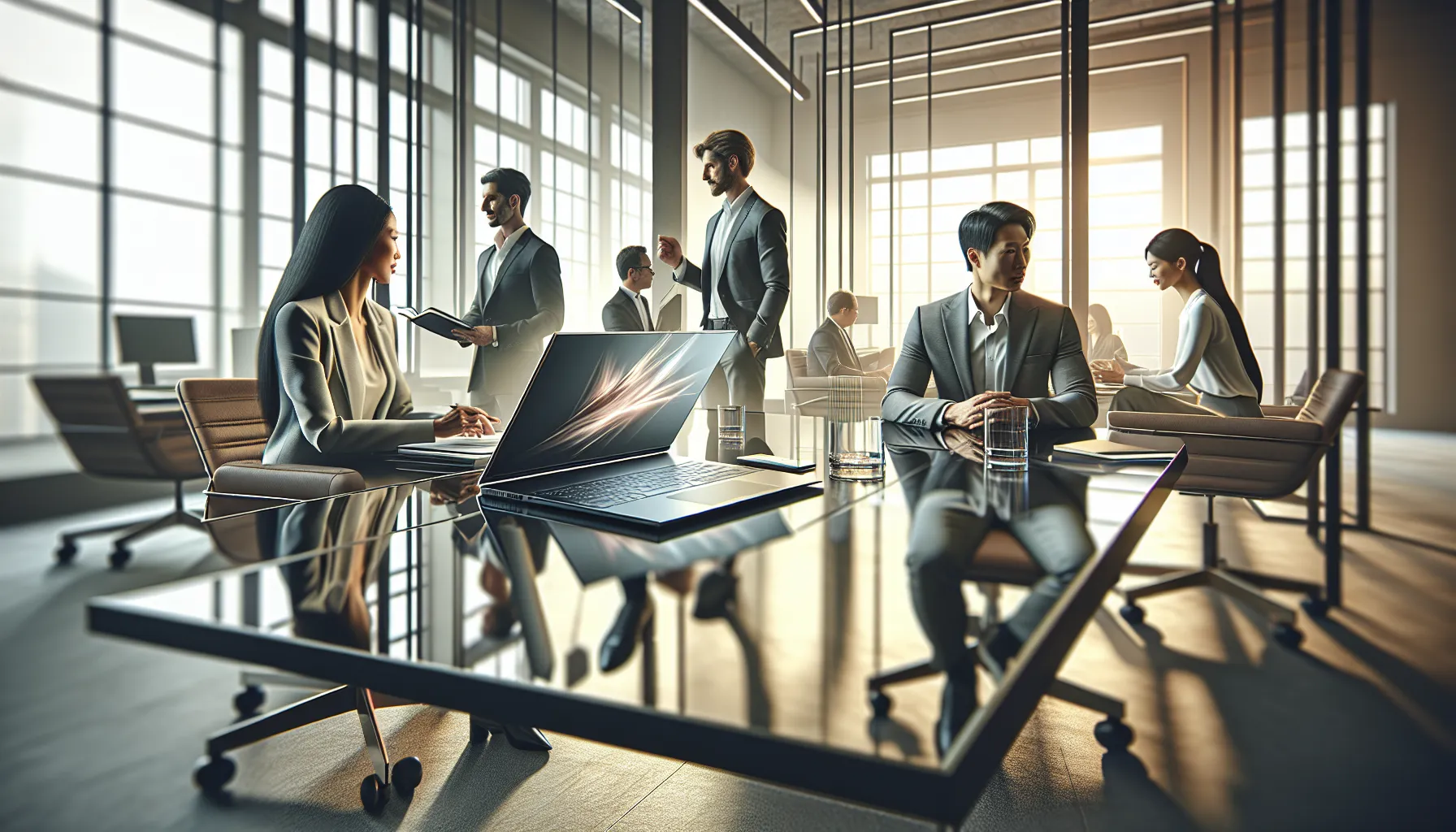 diverse professionals collaborating with a Drewser3870 laptop in a modern office.