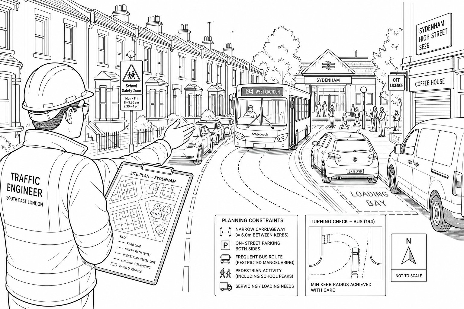 Traffic engineer assessing a narrow Sydenham street with parking, buses, and pedestrians.