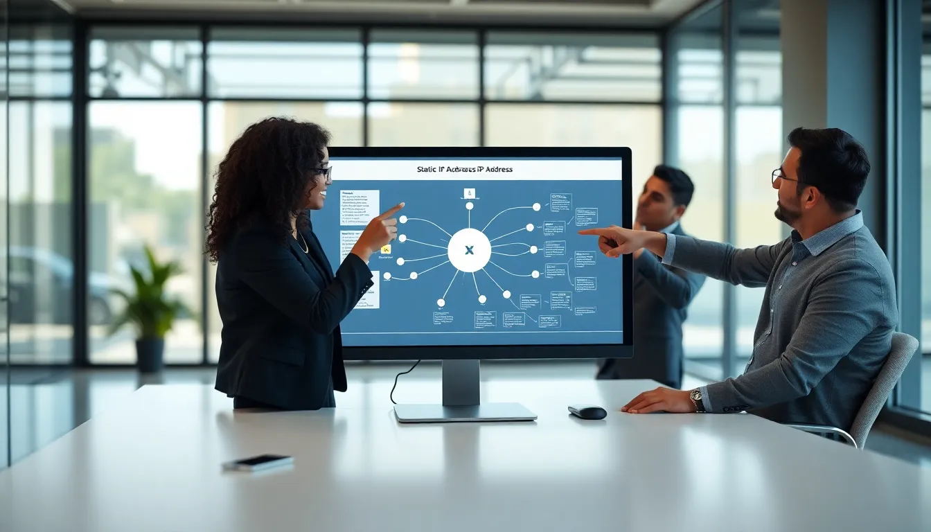 diverse team discussing IP addresses in a modern office.