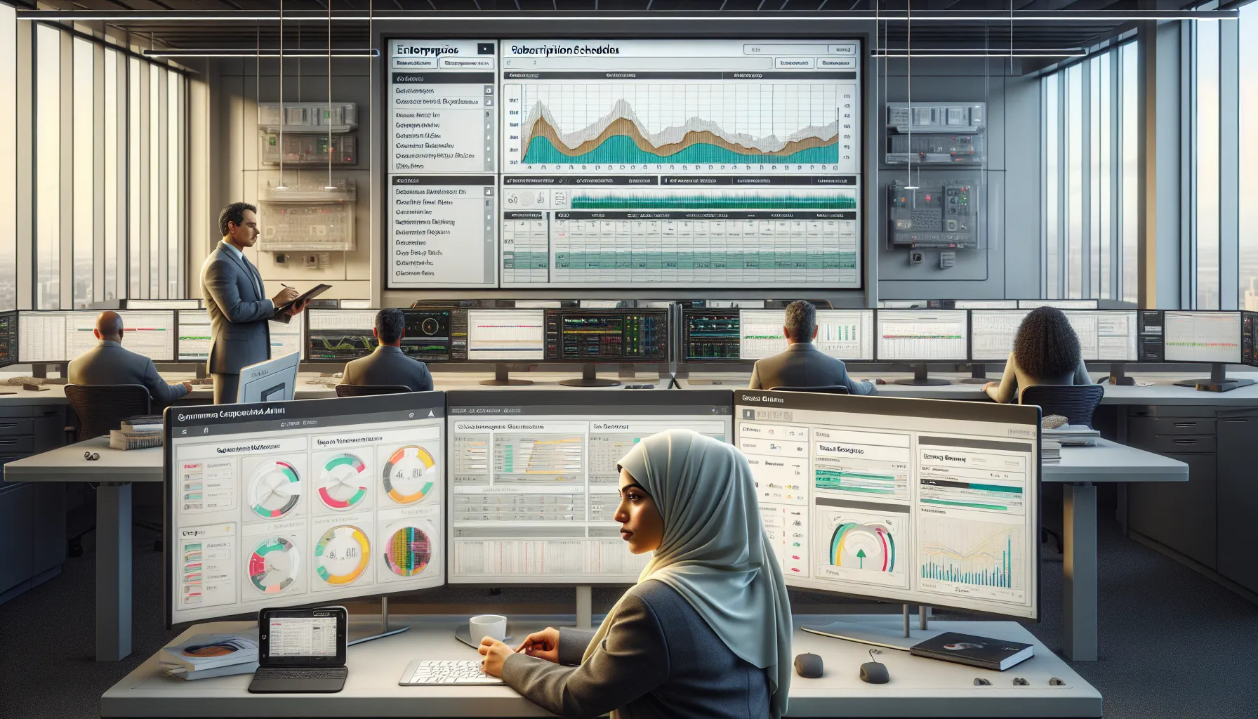 IT admins monitor Tableau subscription schedules, performance, and security in a modern office.