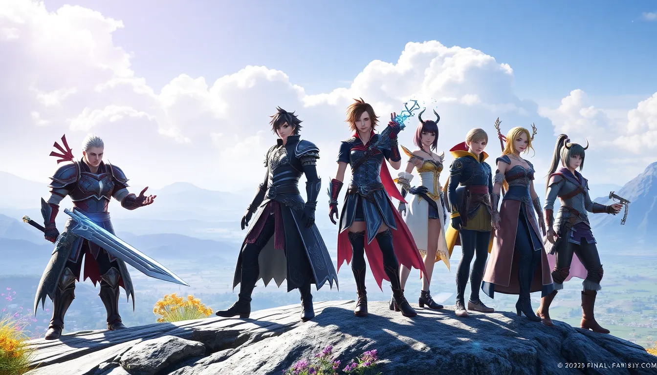 diverse characters from Final Fantasy 14 in a fantasy landscape.