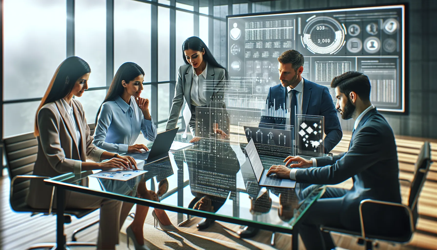 diverse professionals discussing data organization in a modern office.