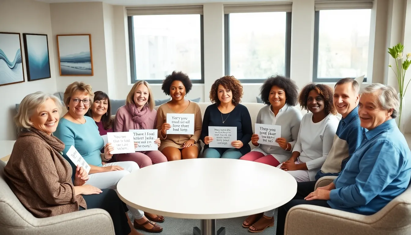 diverse cancer patients discussing inspirational quotes in a therapy room.