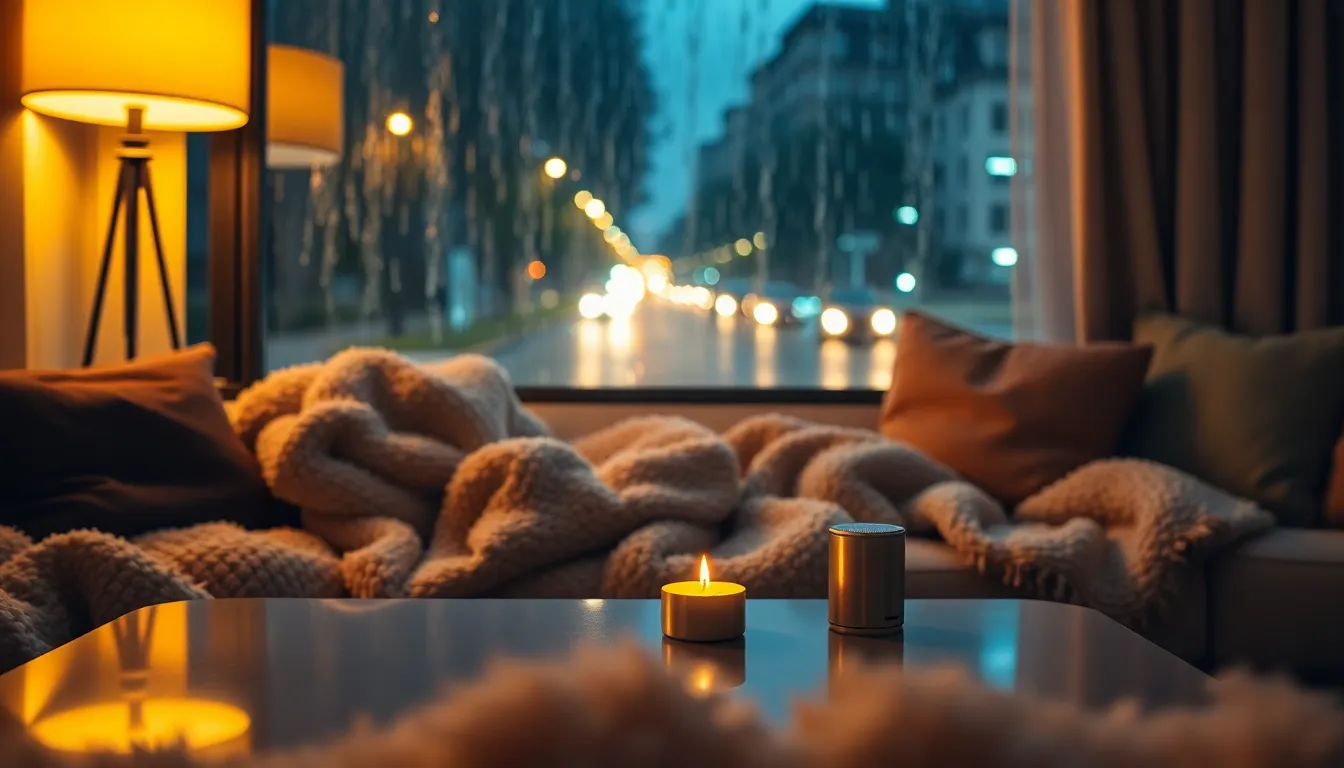 cozy indoor setting on a rainy night with warm lighting.
