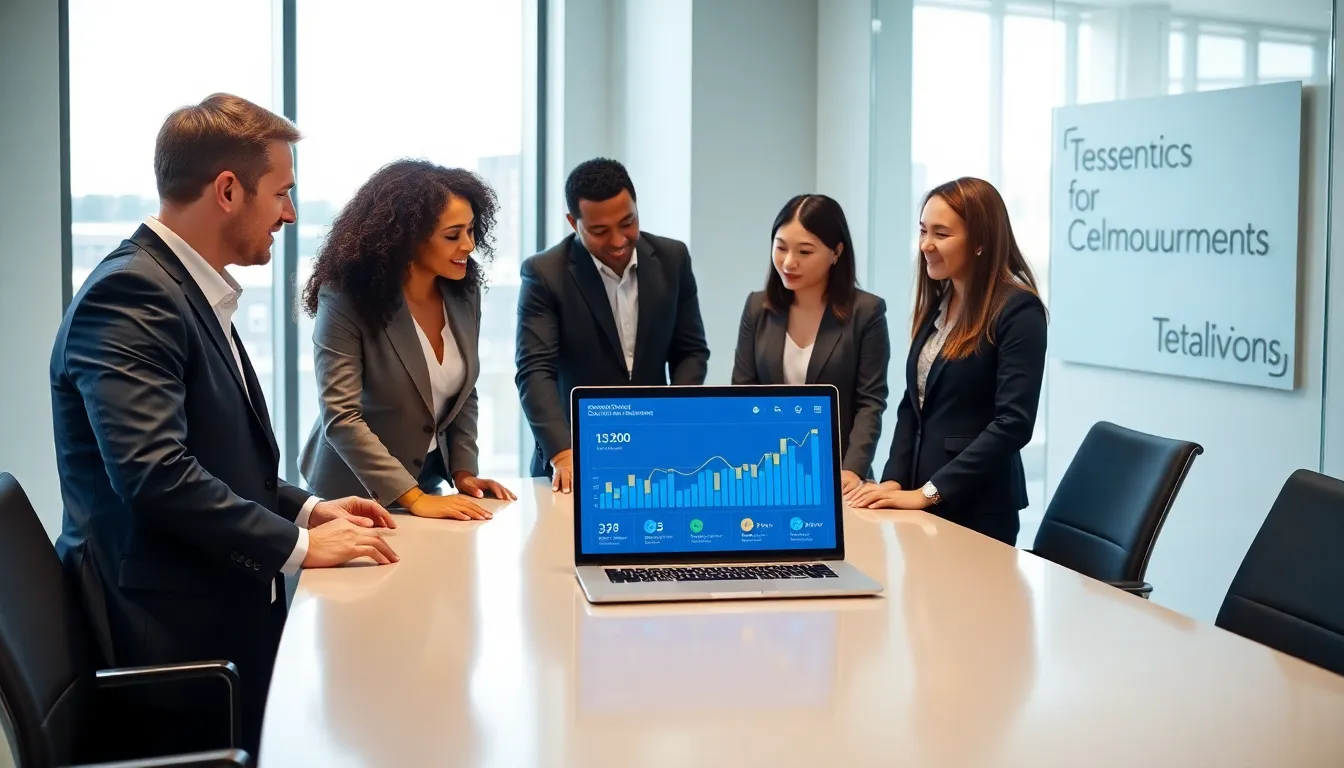 diverse professionals collaborating in a modern office on telecommunications.