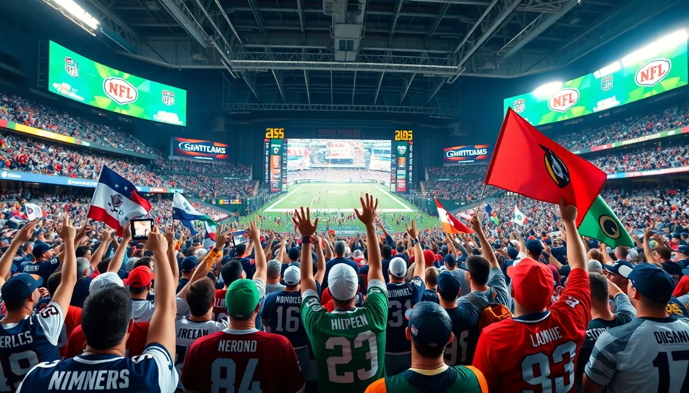 enthusiastic sports fans in a packed stadium during a game.