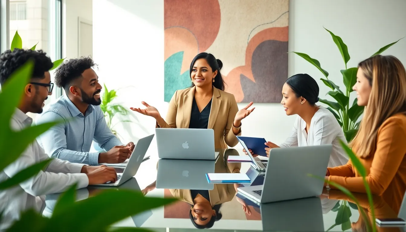 diverse team brainstorming in a modern office.
