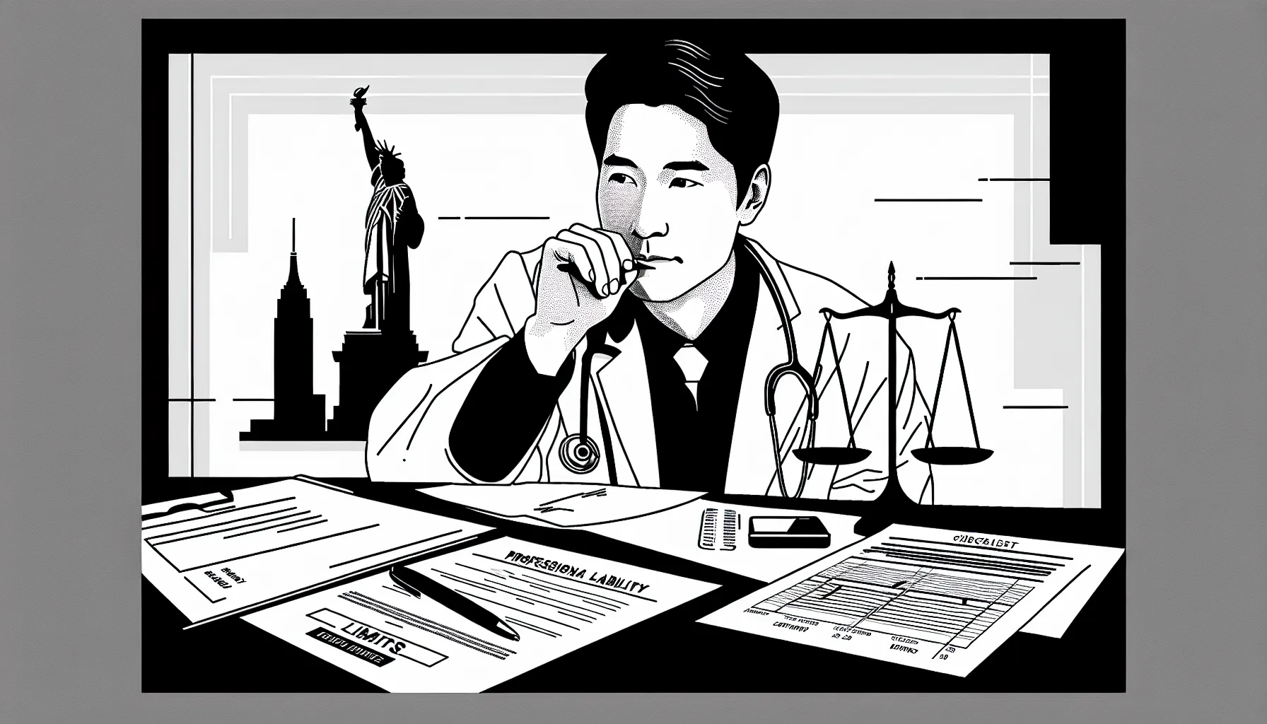 Veterinarian reviewing a liability policy with scales and small New York skyline.