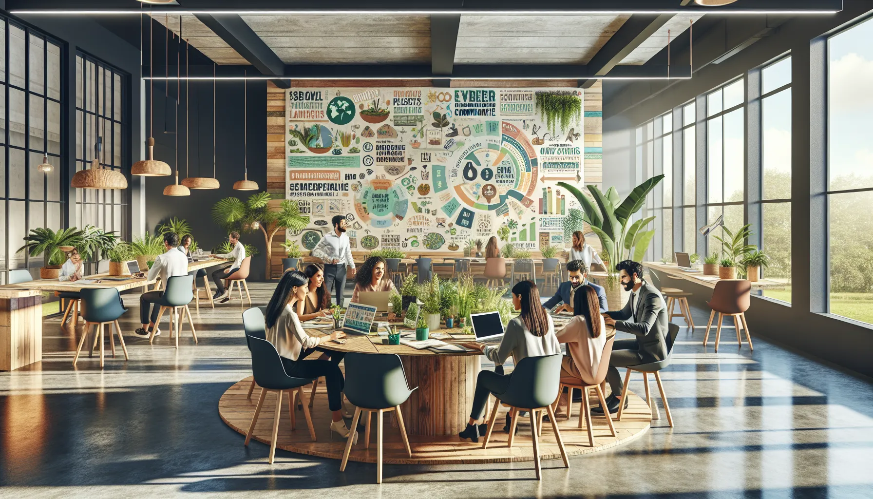 diverse team discussing sustainable living in a modern workspace.