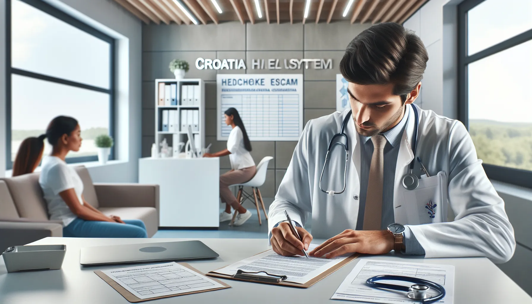 Croatian doctor writing sick leave documentation while consulting with patient in modern medical office.