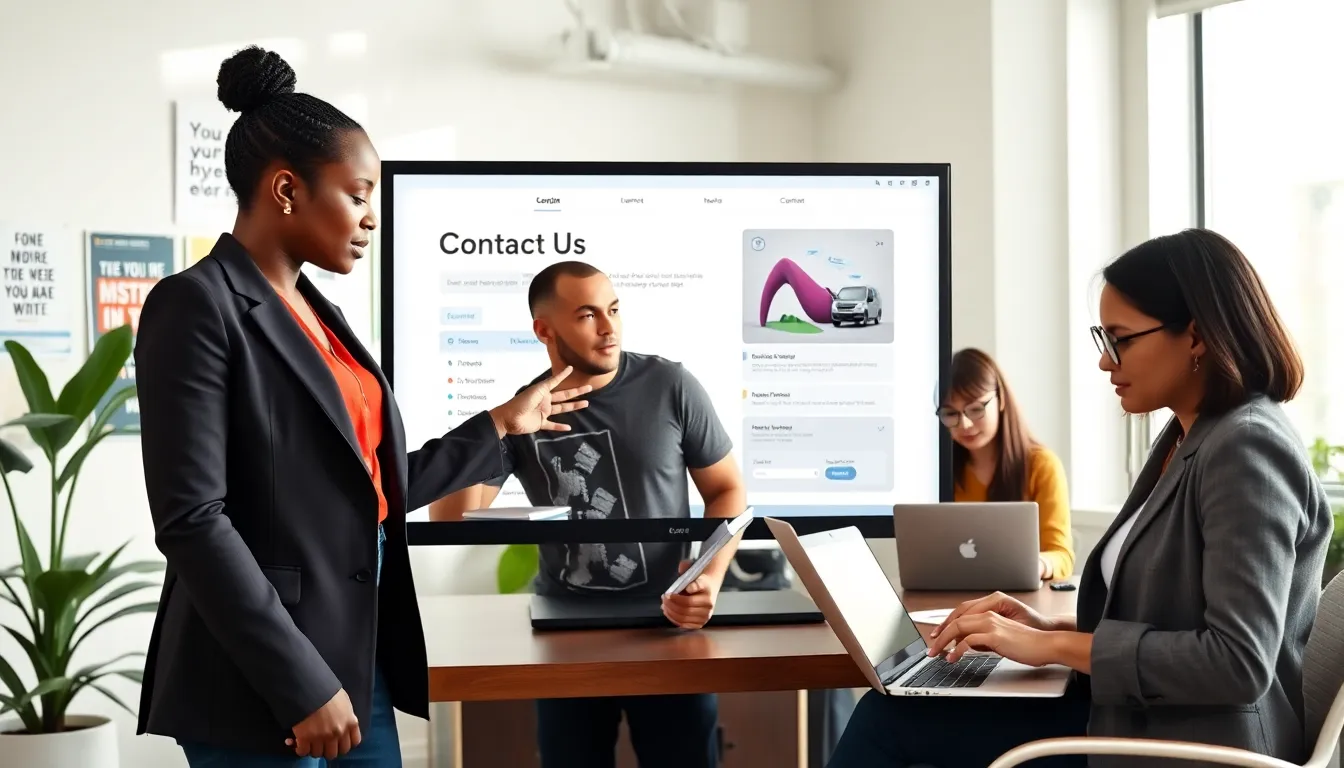 a diverse team designing a contact us page in a modern office.