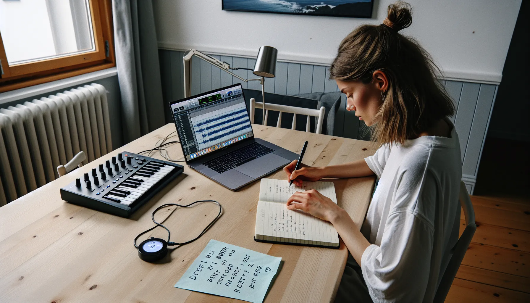 Hvordan komponere din første sang: en guide for nybegynnere 2 Norwegian beginner songwriter drafts core message with tempo and key choices.
