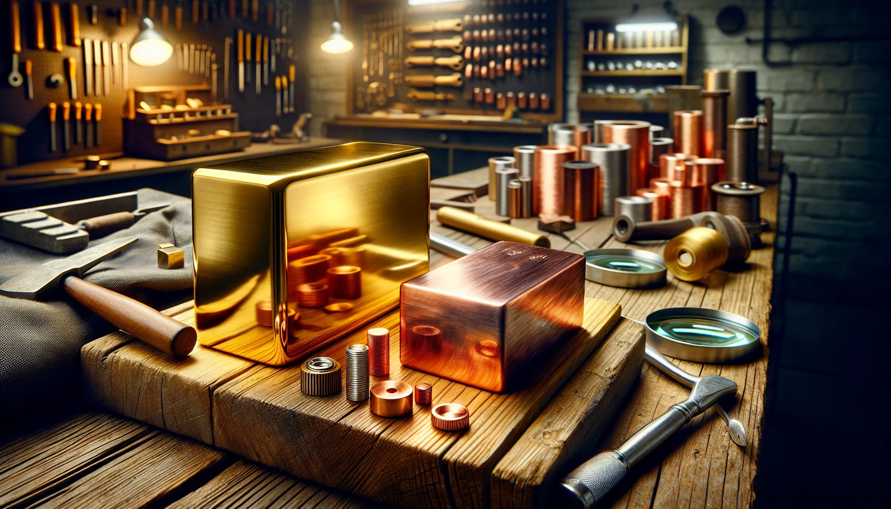 a brass and copper metal sample on a wooden workbench.