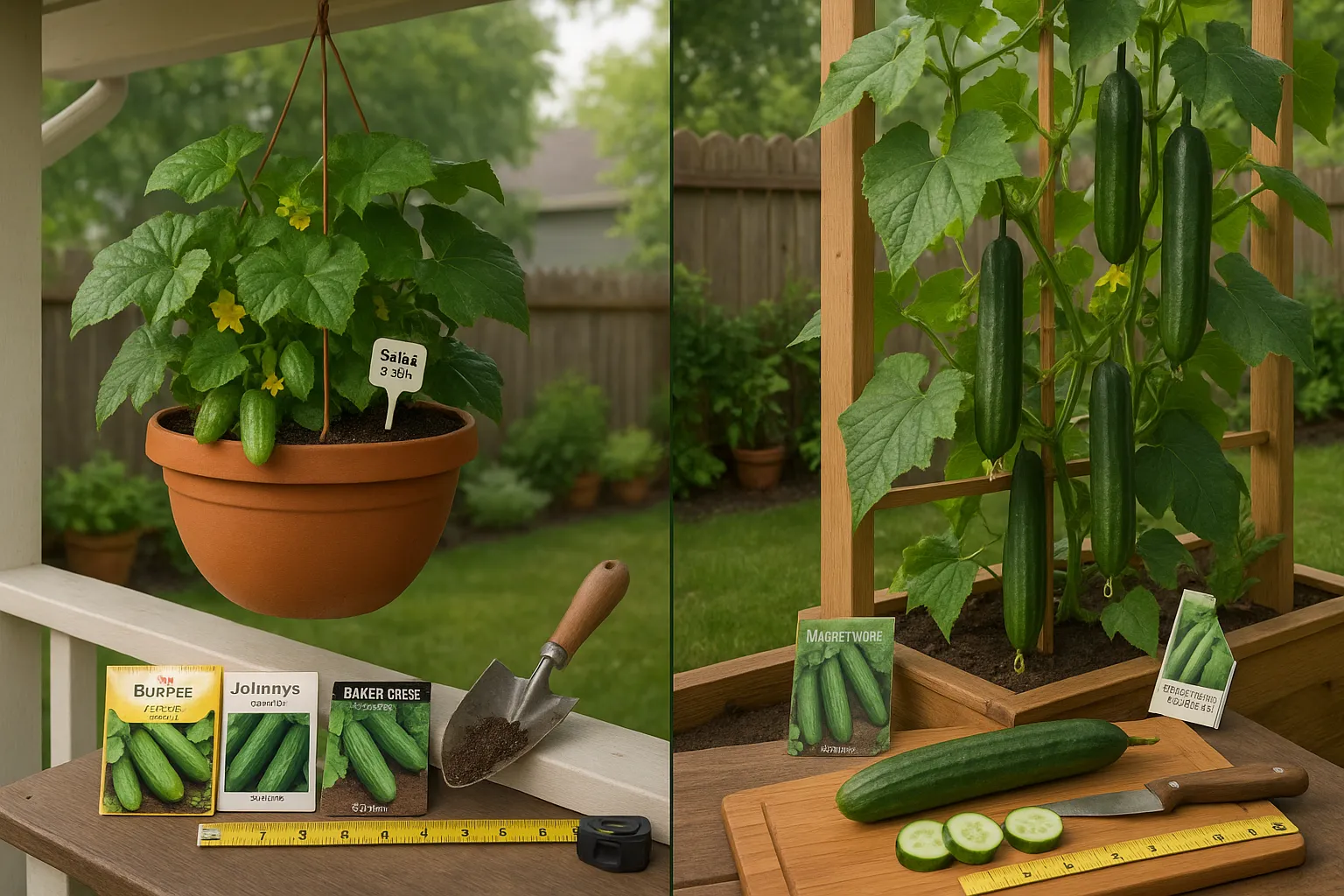 Hanging basket bush cucumber beside a trellis-grown long vining cucumber.