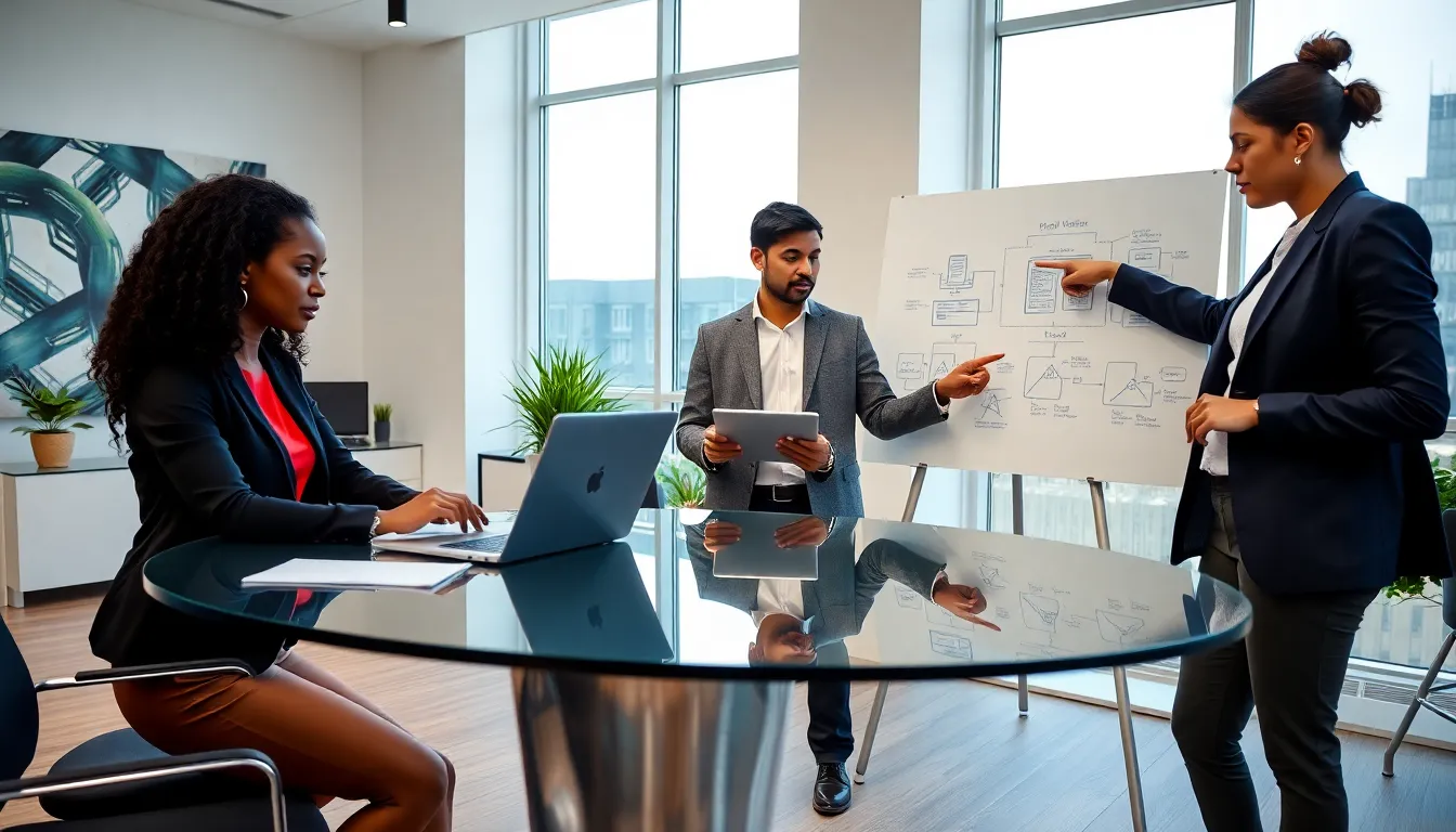 diverse team collaborating on software development in a modern office.