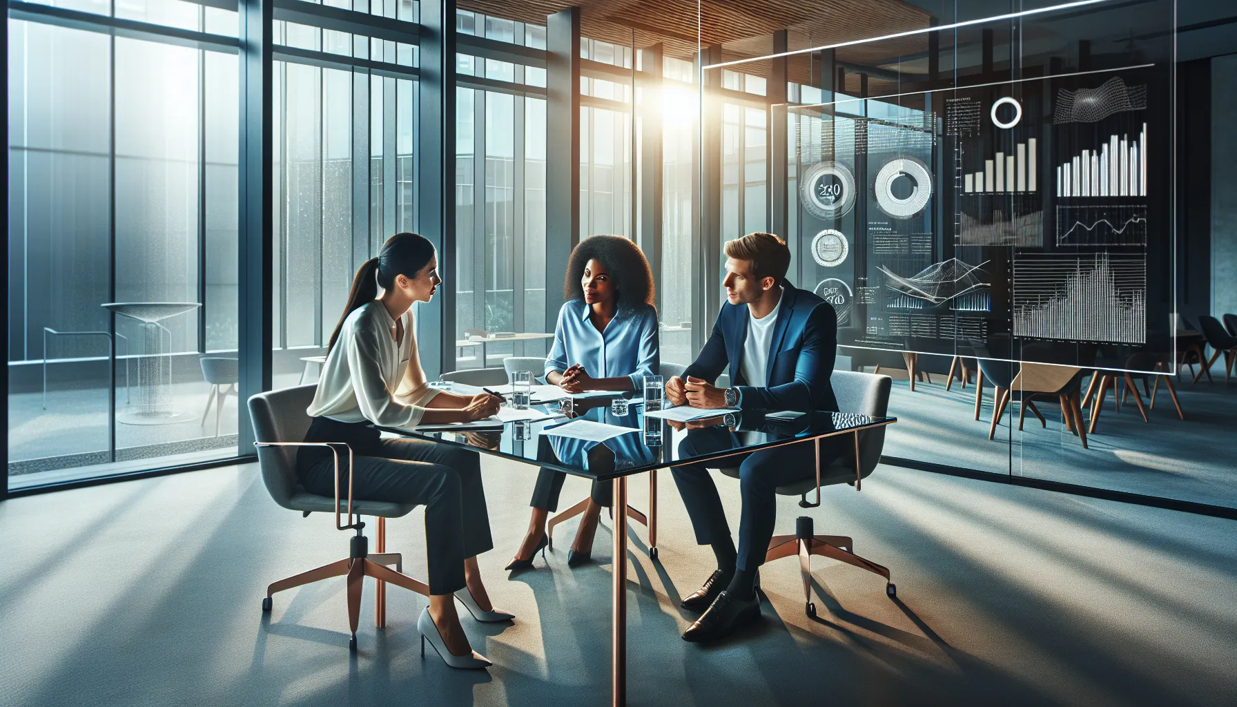 diverse professionals discussing taxes in a modern office.