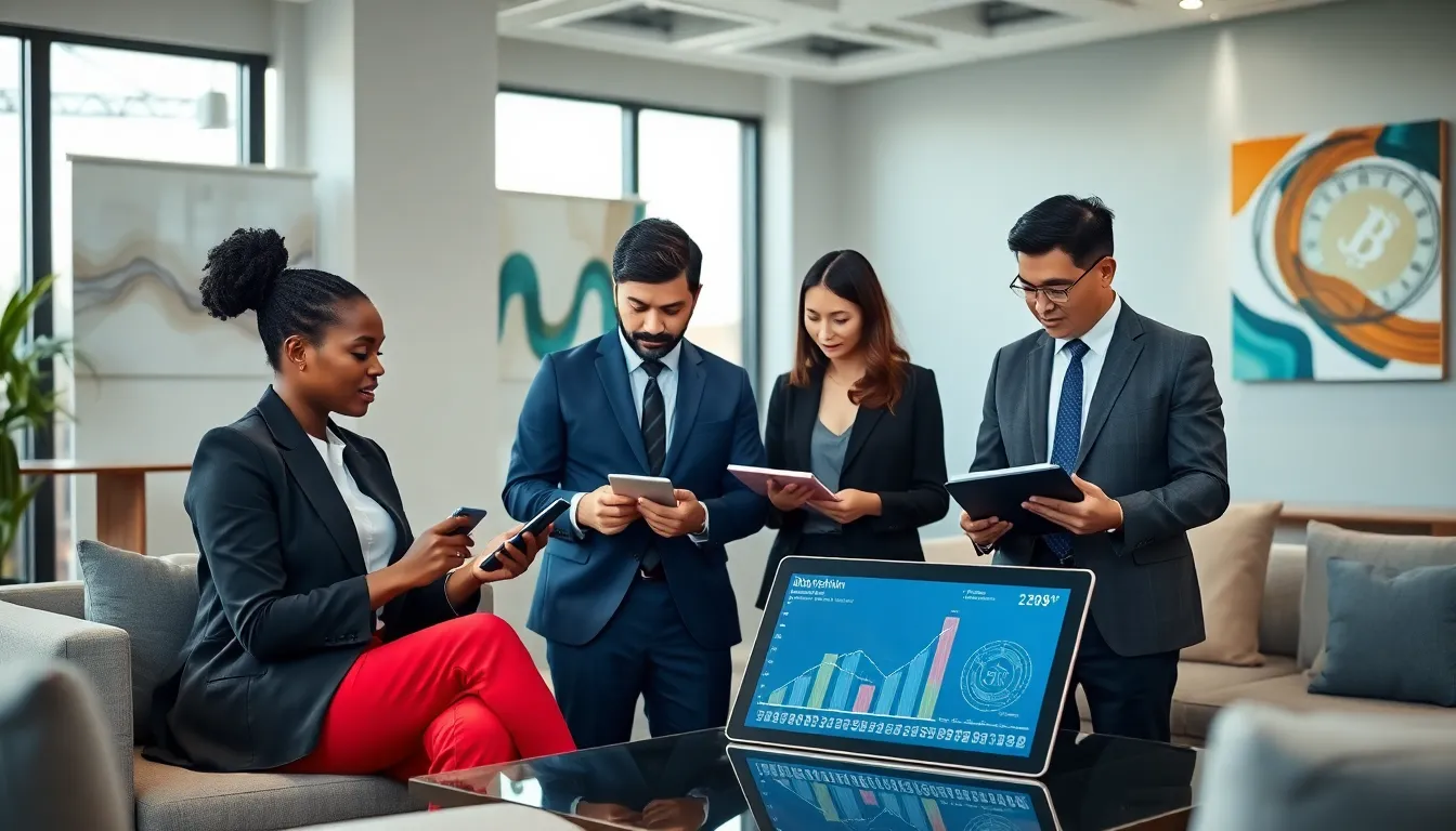 diverse team discussing fintech innovations in a modern office.