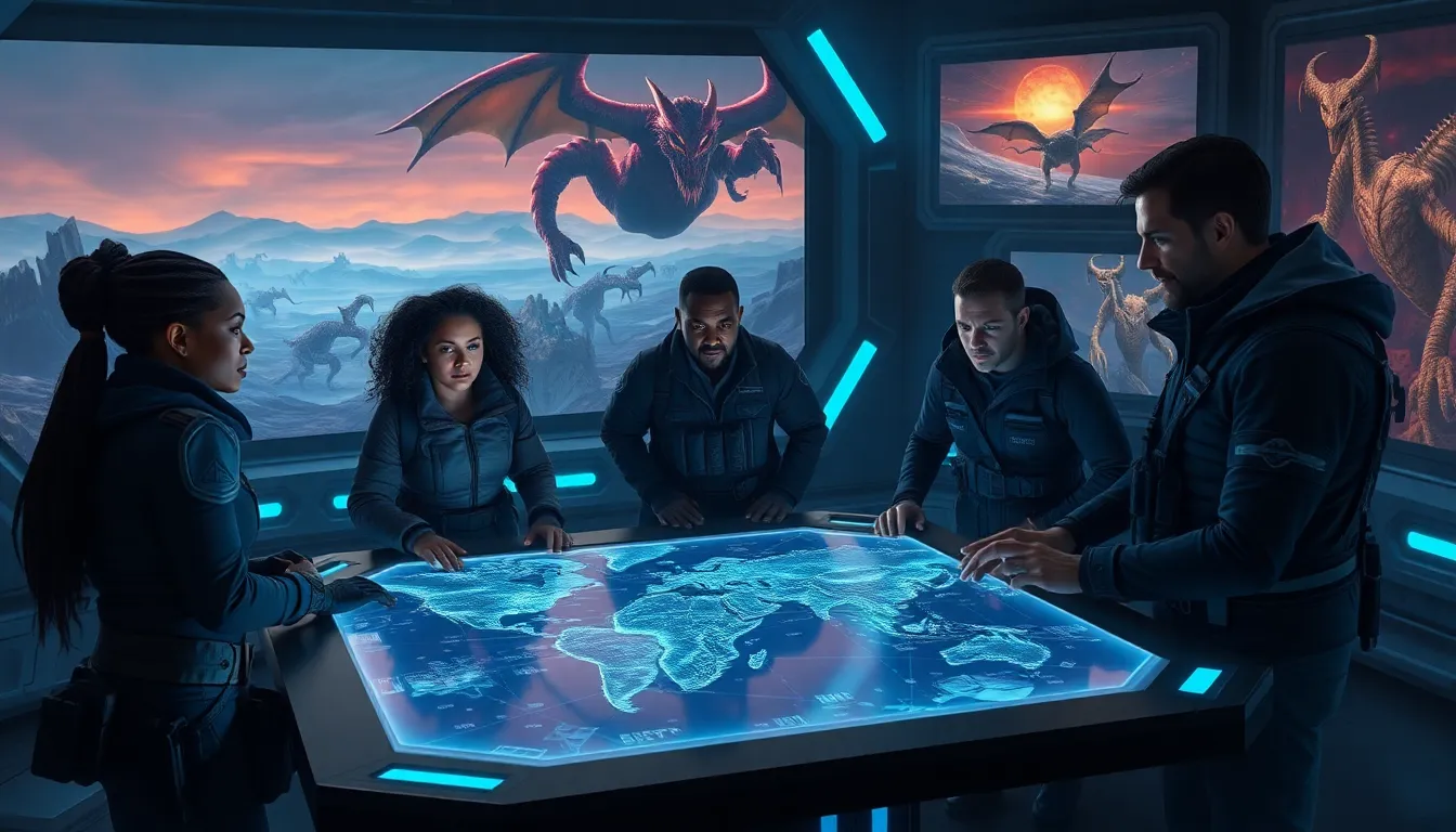 diverse hunters strategizing in a high-tech command center.