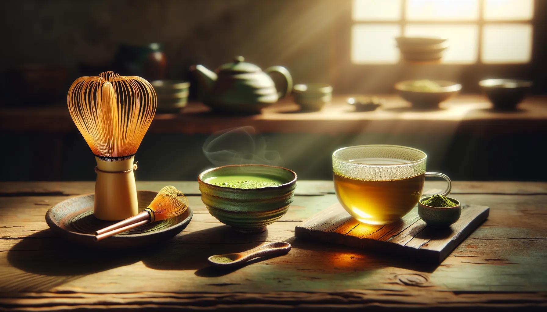 Illustrates two distinct cups of matcha and green tea on a rustic table.