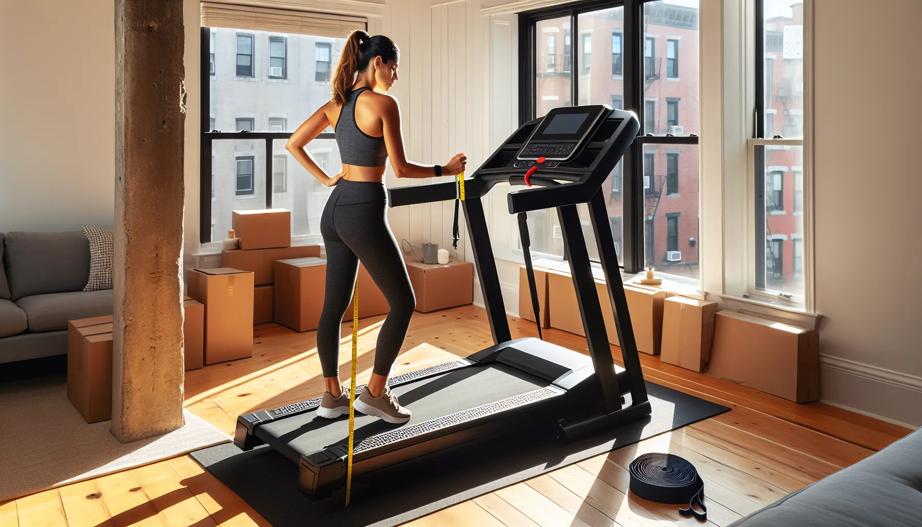 Woman folding compact treadmill on mat, measuring ceiling clearance in city apartment.