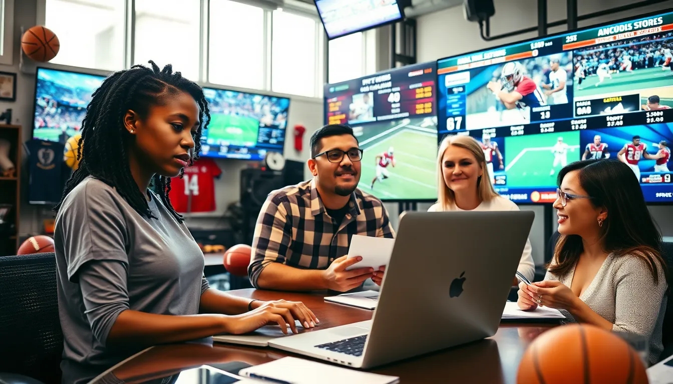 journalists collaborating in a lively sports news office