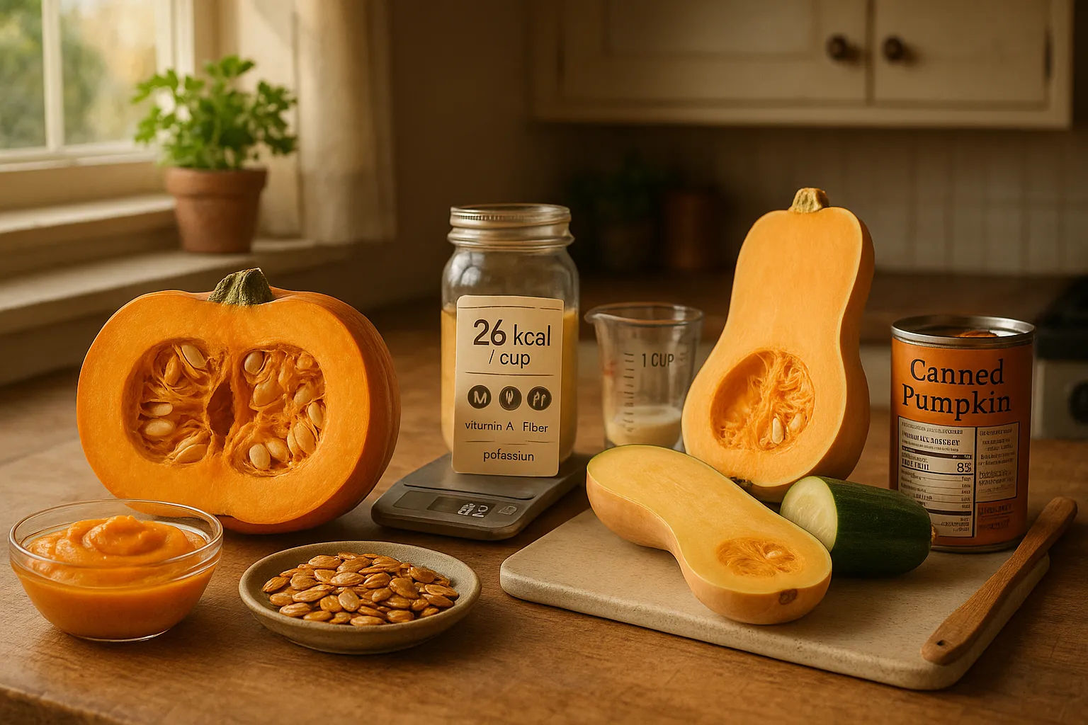 Kitchen still life of pumpkin, squash, seeds, and nutrition items.