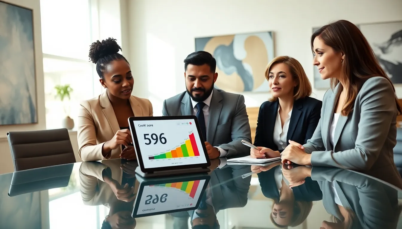 group of financial advisors discussing credit scores in a modern office.