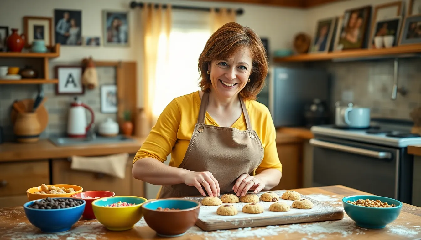a woman baking cookies in a warm, inviting kitchen with love.