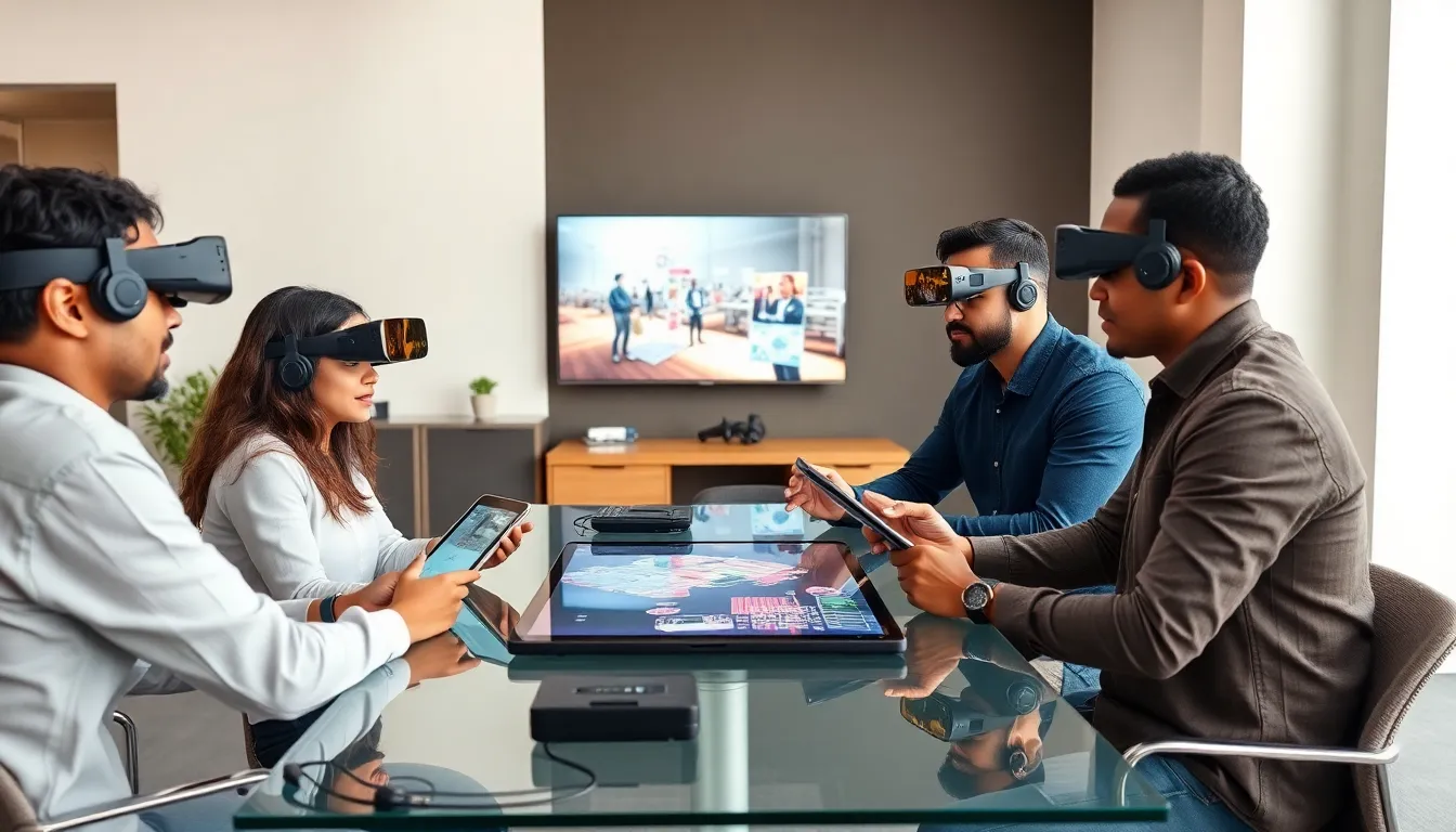 team collaborating on augmented reality development in a modern office.