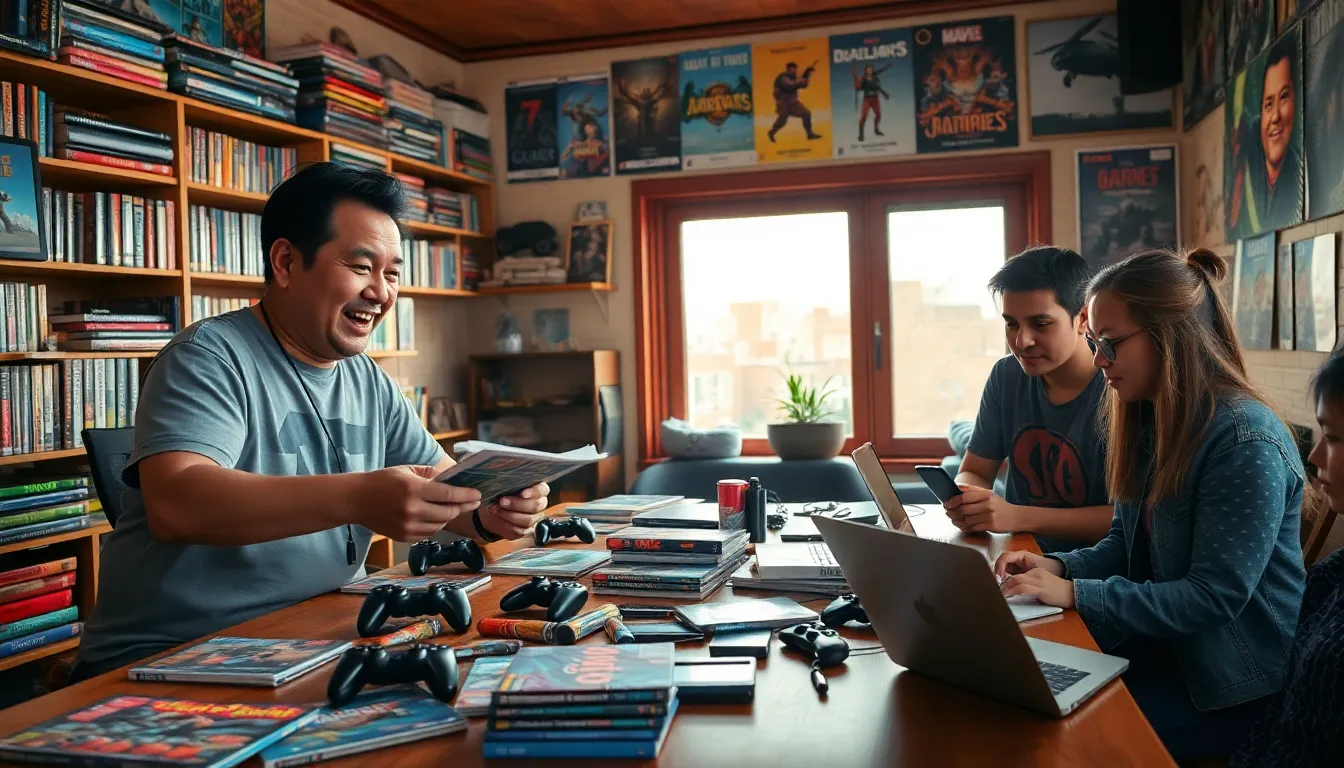 a group of gamers discussing around a table filled with games and snacks.