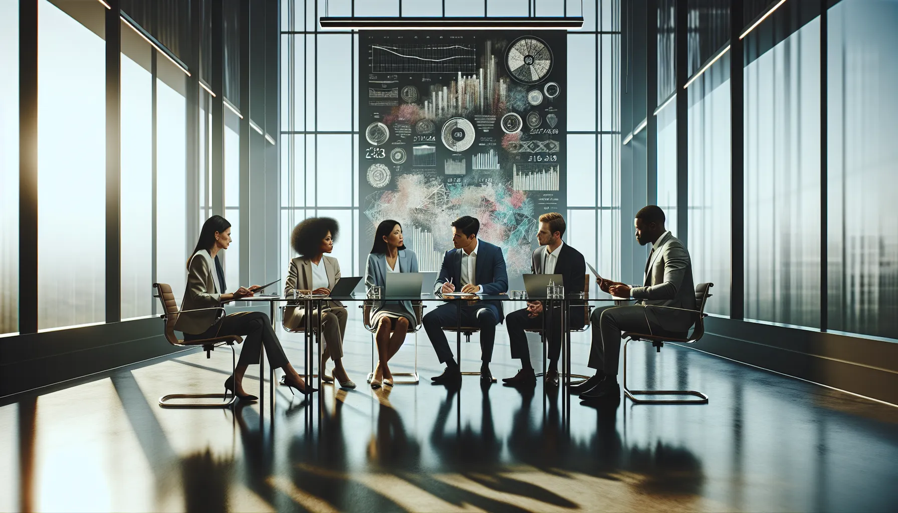diverse professionals discussing numbers in a modern office setting.