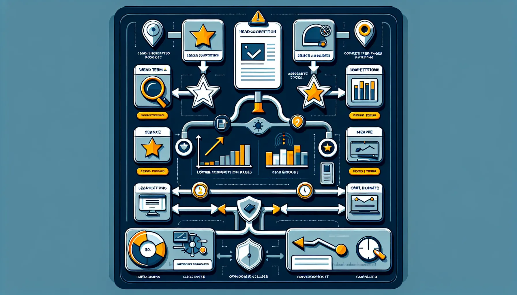 UK-focused process showing keyword competition analysis with decision fork and dashboard.