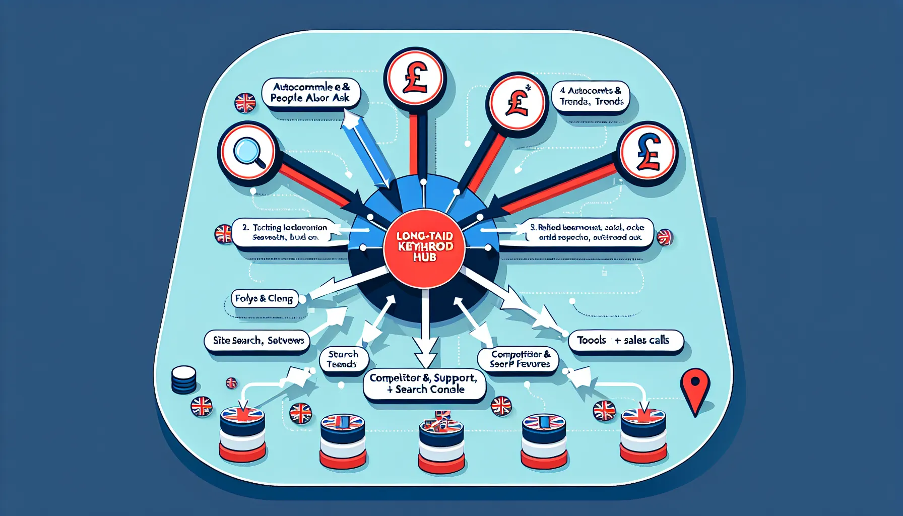 UK-themed flowchart showing methods to find long-tail keywords and prioritise them.