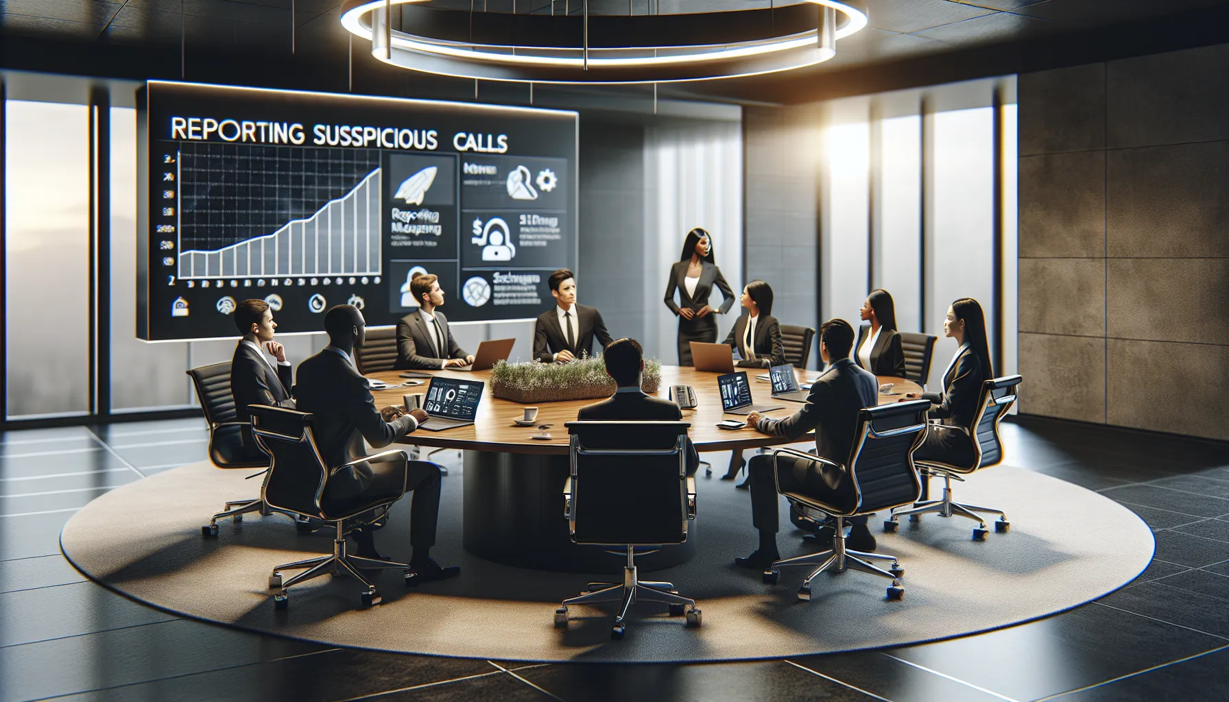 diverse team discussing scam reporting in a modern office.