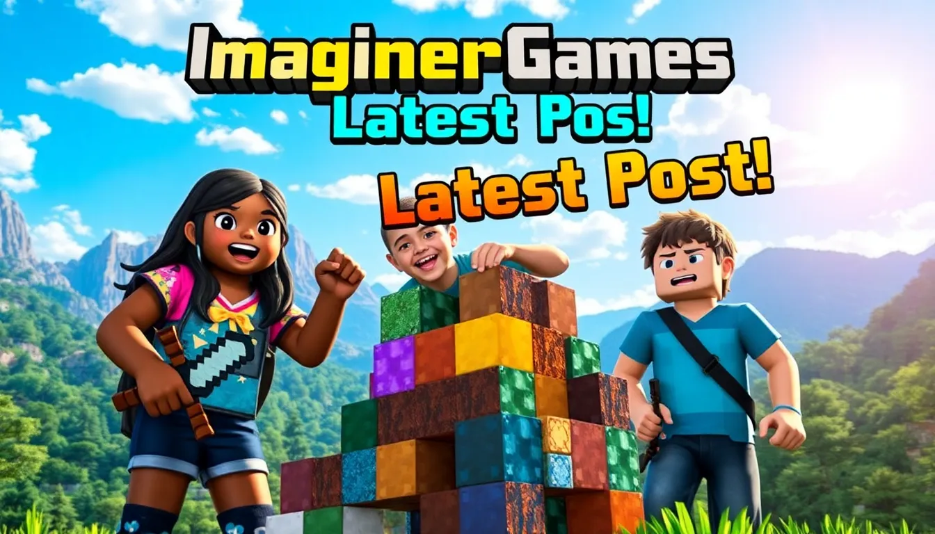 three players collaborating on a colorful Minecraft build in a vibrant landscape.