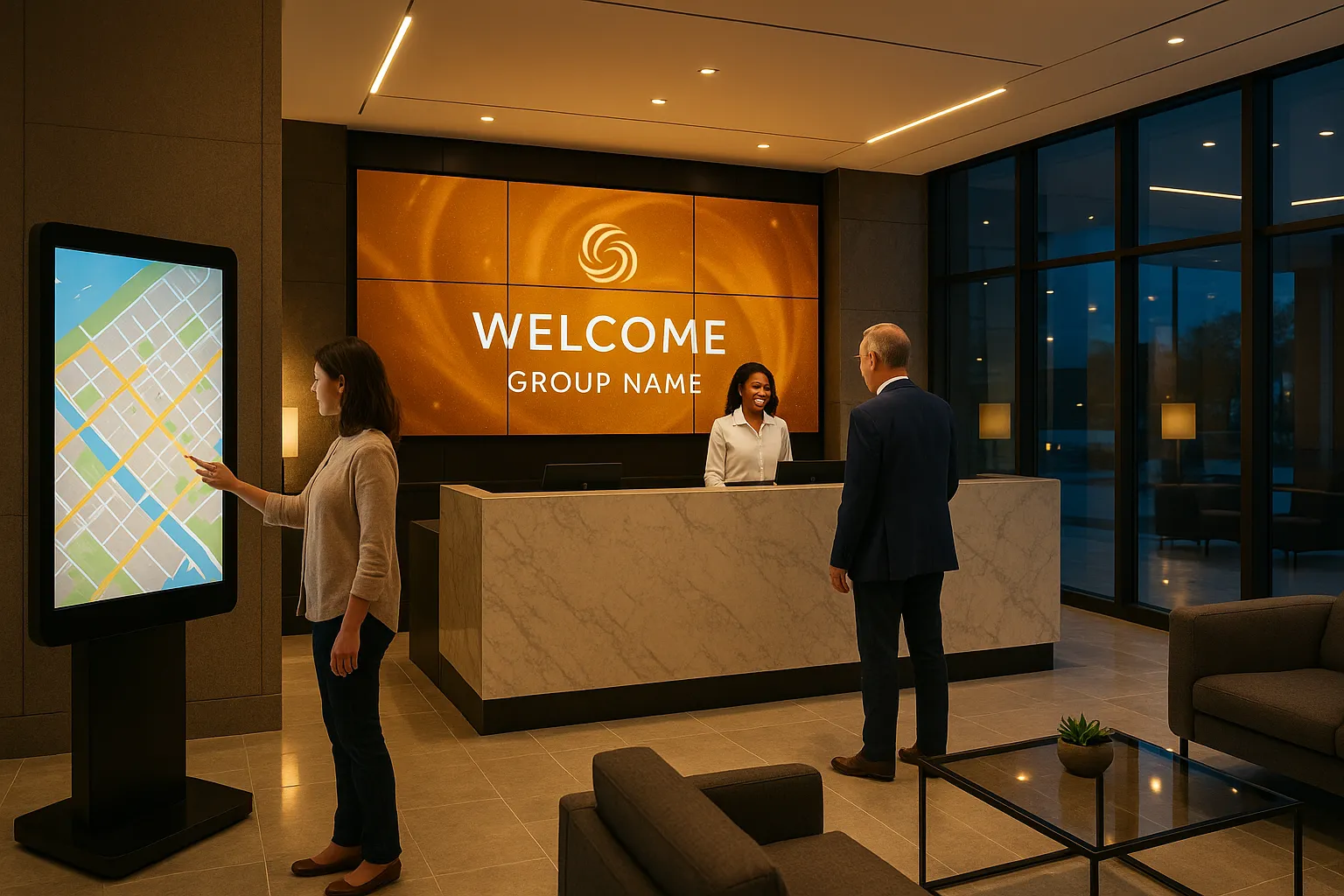 Modern hotel lobby with a large digital welcome screen behind the reception desk.