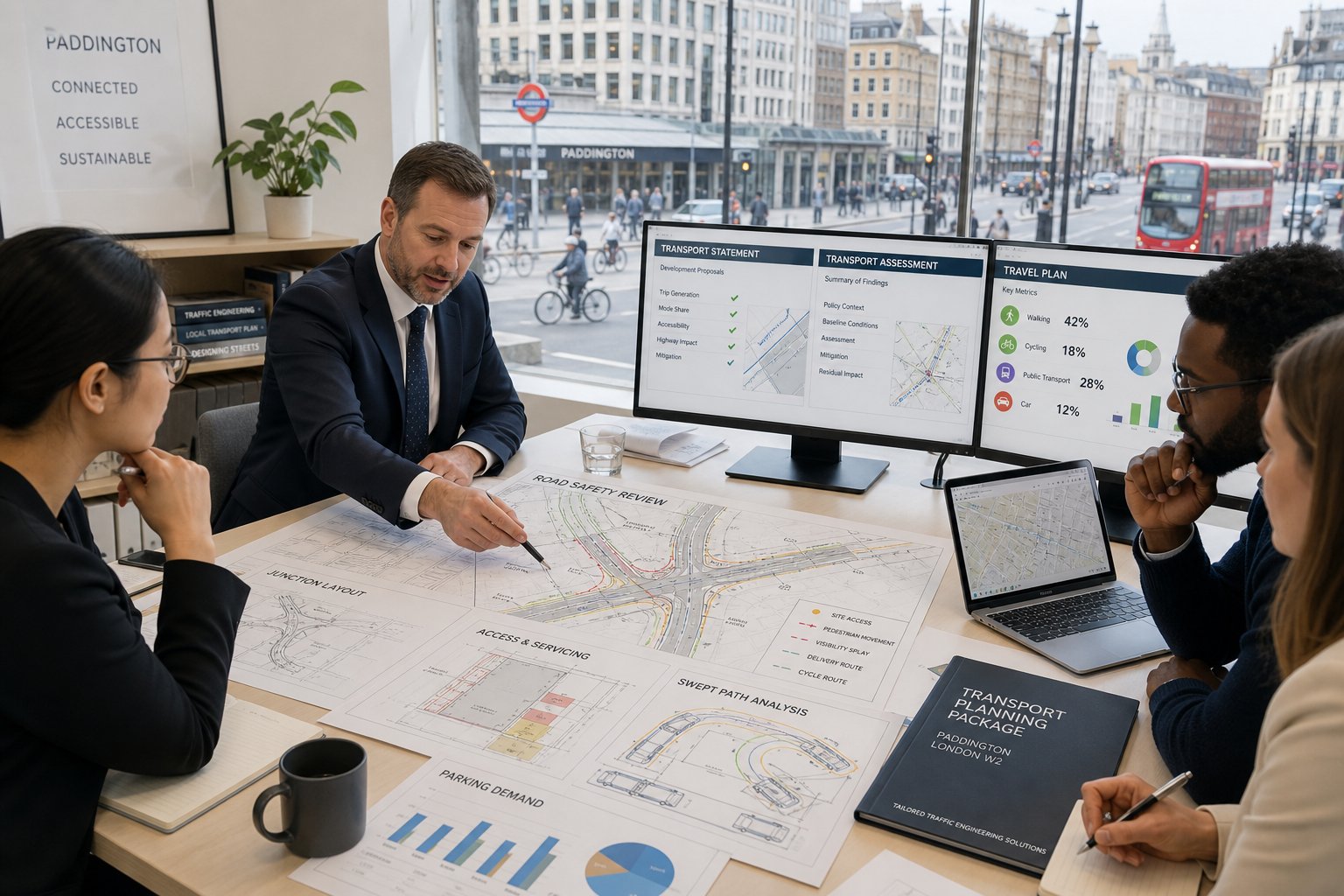 Traffic engineer reviewing transport plans for a Paddington development project.